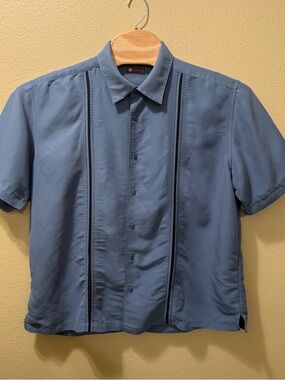 Men’s XXL Centro Blue Black Panel Stitch Short Sleeve Button Up Shirt